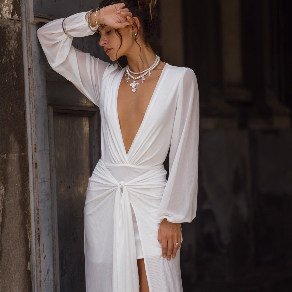12th Tribe Bella White Mesh Plunge Maxi Dress Size MM